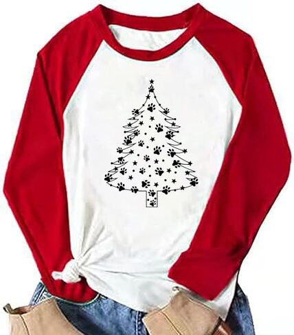قميص عيد الميلاد للنساء راجلان كم طويل Merry Believe Tree قمصان مهرجانات جرافيك للإجازات، قمصان عصرية in Kuwait