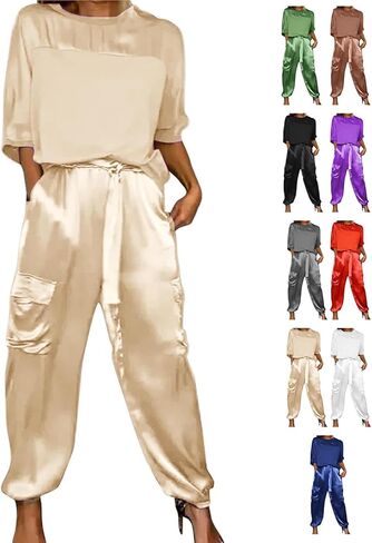 Integrity Satin Pants Set, Smooth Satin Half-Sleeved Top and Pants Set, Women's Satin 2-piece Lounge Set in Saudi Arabia