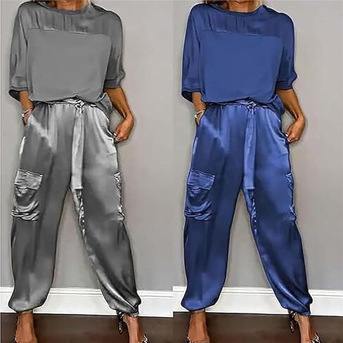 Integrity Satin Pants Set, Smooth Satin Half-Sleeved Top and Pants Set, Women's Satin 2-piece Lounge Set in Saudi Arabia