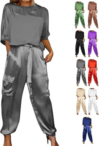 Integrity Satin Pants Set, Smooth Satin Half-Sleeved Top and Pants Set, Women's Satin 2-piece Lounge Set in Saudi Arabia
