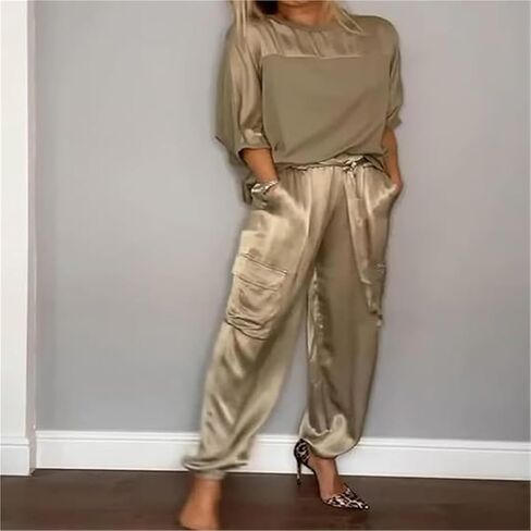 Integrity Satin Pants Set, Smooth Satin Half-Sleeved Top and Pants Set, Women's Satin 2-piece Lounge Set in Saudi Arabia