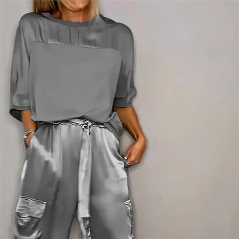 Integrity Satin Pants Set, Smooth Satin Half-Sleeved Top and Pants Set, Women's Satin 2-piece Lounge Set in Saudi Arabia