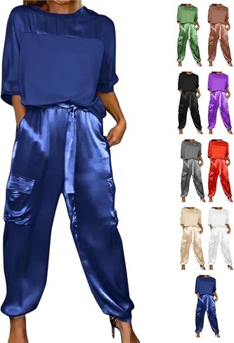 Integrity Satin Pants Set, Smooth Satin Half-Sleeved Top and Pants Set, Women's Satin 2-piece Lounge Set in Saudi Arabia