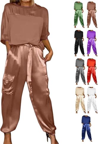 Integrity Satin Pants Set, Smooth Satin Half-Sleeved Top and Pants Set, Women's Satin 2-piece Lounge Set in Saudi Arabia