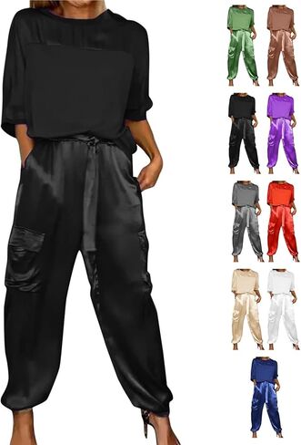 Integrity Satin Pants Set, Smooth Satin Half-Sleeved Top and Pants Set, Women's Satin 2-piece Lounge Set in Saudi Arabia