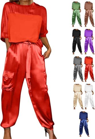 Integrity Satin Pants Set, Smooth Satin Half-Sleeved Top and Pants Set, Women's Satin 2-piece Lounge Set in Saudi Arabia