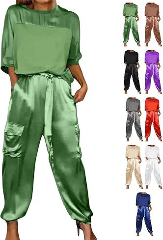 Integrity Satin Pants Set, Smooth Satin Half-Sleeved Top and Pants Set, Women's Satin 2-piece Lounge Set in Saudi Arabia