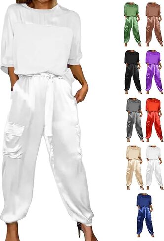 Integrity Satin Pants Set, Smooth Satin Half-Sleeved Top and Pants Set, Women's Satin 2-piece Lounge Set in Saudi Arabia