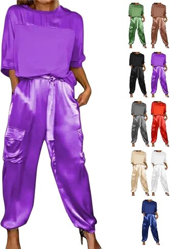 Integrity Satin Pants Set, Smooth Satin Half-Sleeved Top and Pants Set, Women's Satin 2-piece Lounge Set in Saudi Arabia