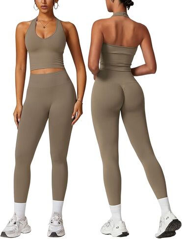 Workout Sets for Women 2 Piece Seamless Halter Tank Top Scrunch Butt Lifting High Waist Leggings Gym Sets Active Wear in Saudi Arabia