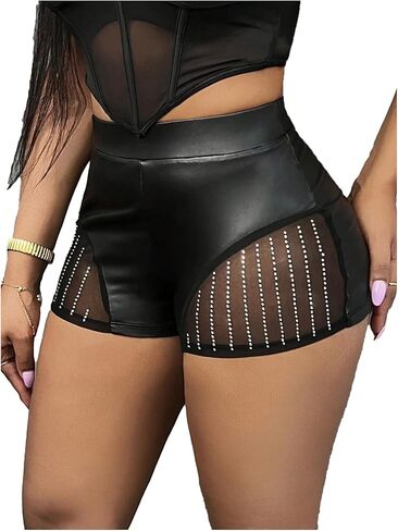 WDIRARA Women's Rhinestone Mesh PU Leather Shorts High Waisted Party Club Rave Skinny Shorts in Saudi Arabia