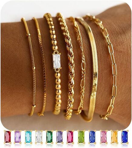M MOOHAM Gold Birthstone Bracelets Stack for Women - 14K Real Gold Plated Beaded Bracelets Rope Paperclip Chain Stackable Bracelet Non Tarnish, Friendship Birthday Jewelry Gifts for Women Teen in Saudi Arabia
