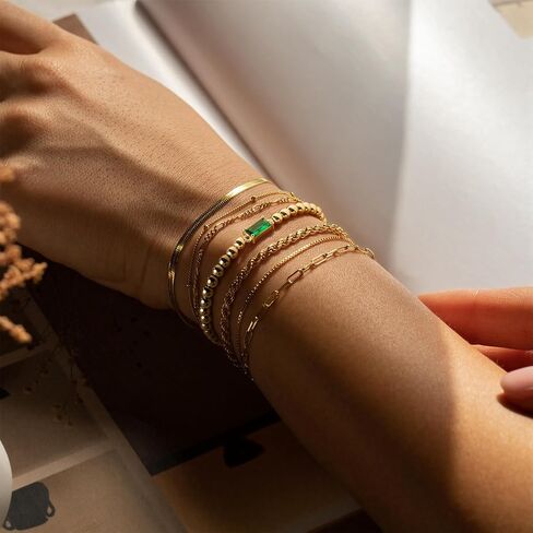 M MOOHAM Gold Birthstone Bracelets Stack for Women - 14K Real Gold Plated Beaded Bracelets Rope Paperclip Chain Stackable Bracelet Non Tarnish, Friendship Birthday Jewelry Gifts for Women Teen in Saudi Arabia
