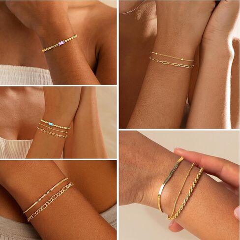 M MOOHAM Gold Birthstone Bracelets Stack for Women - 14K Real Gold Plated Beaded Bracelets Rope Paperclip Chain Stackable Bracelet Non Tarnish, Friendship Birthday Jewelry Gifts for Women Teen in Saudi Arabia