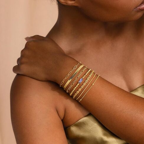 M MOOHAM Gold Birthstone Bracelets Stack for Women - 14K Real Gold Plated Beaded Bracelets Rope Paperclip Chain Stackable Bracelet Non Tarnish, Friendship Birthday Jewelry Gifts for Women Teen in Saudi Arabia