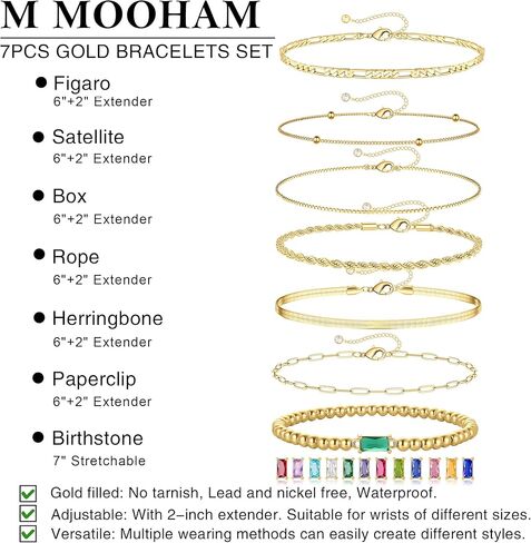 M MOOHAM Gold Birthstone Bracelets Stack for Women - 14K Real Gold Plated Beaded Bracelets Rope Paperclip Chain Stackable Bracelet Non Tarnish, Friendship Birthday Jewelry Gifts for Women Teen in Saudi Arabia
