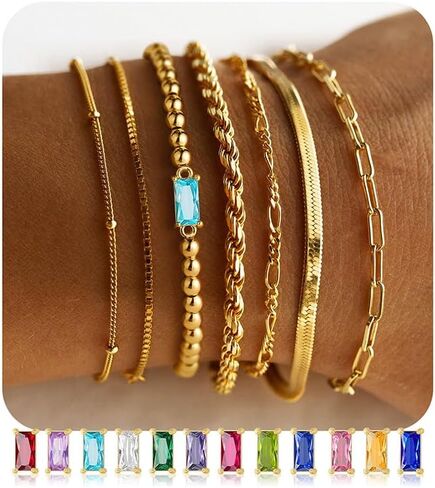 M MOOHAM Gold Birthstone Bracelets Stack for Women - 14K Real Gold Plated Beaded Bracelets Rope Paperclip Chain Stackable Bracelet Non Tarnish, Friendship Birthday Jewelry Gifts for Women Teen in Saudi Arabia