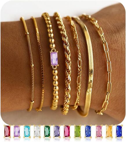 M MOOHAM Gold Birthstone Bracelets Stack for Women - 14K Real Gold Plated Beaded Bracelets Rope Paperclip Chain Stackable Bracelet Non Tarnish, Friendship Birthday Jewelry Gifts for Women Teen in Saudi Arabia
