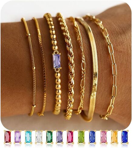 M MOOHAM Gold Birthstone Bracelets Stack for Women - 14K Real Gold Plated Beaded Bracelets Rope Paperclip Chain Stackable Bracelet Non Tarnish, Friendship Birthday Jewelry Gifts for Women Teen in Saudi Arabia