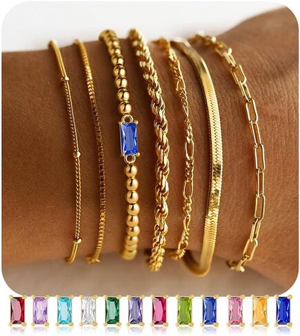 M MOOHAM Gold Birthstone Bracelets Stack for Women - 14K Real Gold Plated Beaded Bracelets Rope Paperclip Chain Stackable Bracelet Non Tarnish, Friendship Birthday Jewelry Gifts for Women Teen in Saudi Arabia