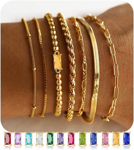 M MOOHAM Gold Birthstone Bracelets Stack for Women - 14K Real Gold Plated Beaded Bracelets Rope Paperclip Chain Stackable Bracelet Non Tarnish, Friendship Birthday Jewelry Gifts for Women Teen in Saudi Arabia