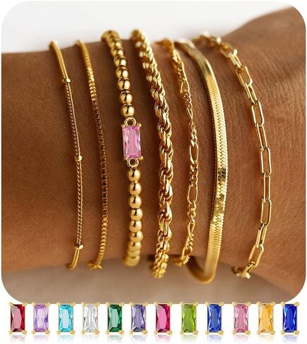 M MOOHAM Gold Birthstone Bracelets Stack for Women - 14K Real Gold Plated Beaded Bracelets Rope Paperclip Chain Stackable Bracelet Non Tarnish, Friendship Birthday Jewelry Gifts for Women Teen in Saudi Arabia