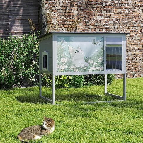 Raised Outdoor Cat House, Weatherproof Cat Shelter for Outside with Insulated All-Round Foam, Feral Cat Enclosure Openable Top, PVC Curtain, Wooden Condos for Small Dogs,Rabbits in Kuwait