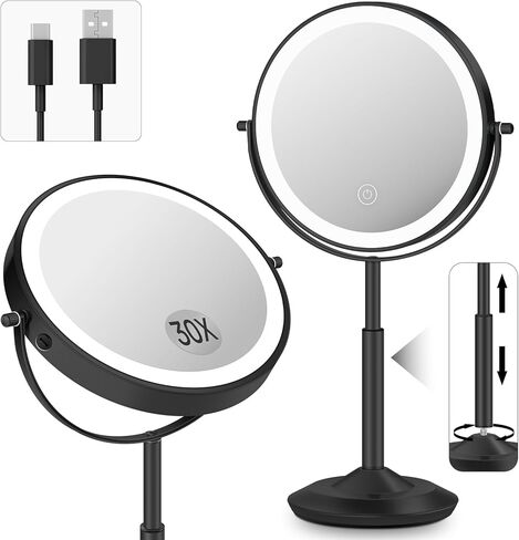 Makeup Mirror with Lights, 1X/30X Lighted Magnifying Mirror Height Adjustable, 3000mAh Rechargeable Double Sided Vanity Mirrors with 3 LED Lighting and Adjustable Brightness for Desk Women Gift in Saudi Arabia