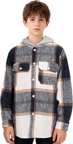 Weecreeture Boys Flannel Plaid Shirts with Hooded，Long Sleeves Button Down Shirts for Boys Fall Jacket in Kuwait