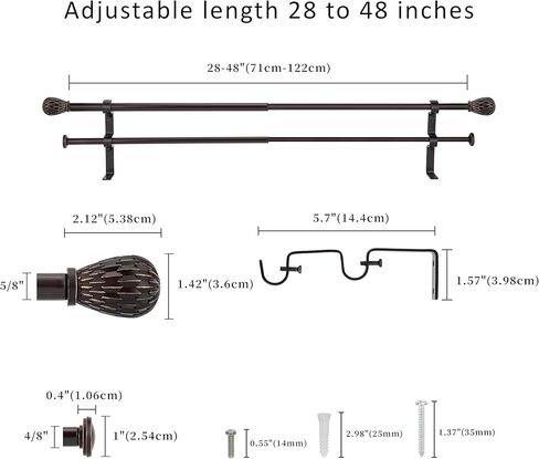 5/8" Double Curtain Rod with Brun Finials,Bronze Gold,28‘’-48‘’ in Saudi Arabia