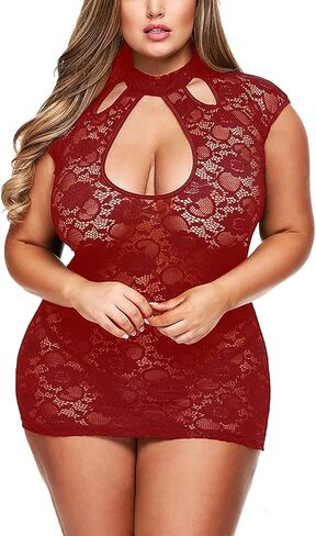 Plus Size Lingerie for Women Keyhole Lace Babydoll Bodysuit Cap Sleeve Mini Dress Full Slips in Saudi Arabia