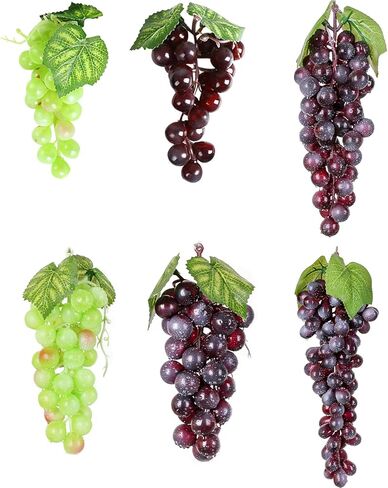 6Pc Assorted Colour Artificial Grapes Rubber Grape Bundles Decor Fake Fruits Hanging Grapes Bunches for Home Kitchen Party Wedding Wine Décor Photography Decoration(2Colors,4Size in Saudi Arabia