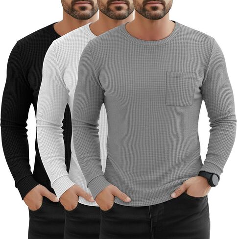3 Pack Men's Waffle Long Sleeve Shirts Crew Neck Thermal Patch Pocket Underwear Tops Casual Pullover Layer in Saudi Arabia