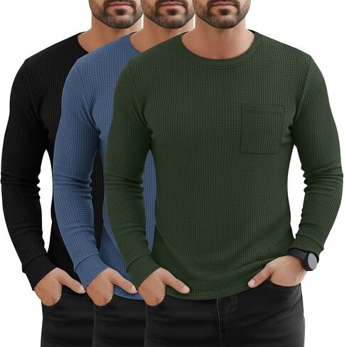 3 Pack Men's Waffle Long Sleeve Shirts Crew Neck Thermal Patch Pocket Underwear Tops Casual Pullover Layer in Saudi Arabia