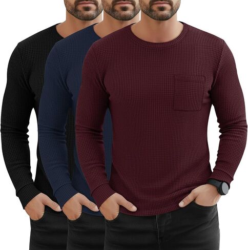 3 Pack Men's Waffle Long Sleeve Shirts Crew Neck Thermal Patch Pocket Underwear Tops Casual Pullover Layer in Saudi Arabia