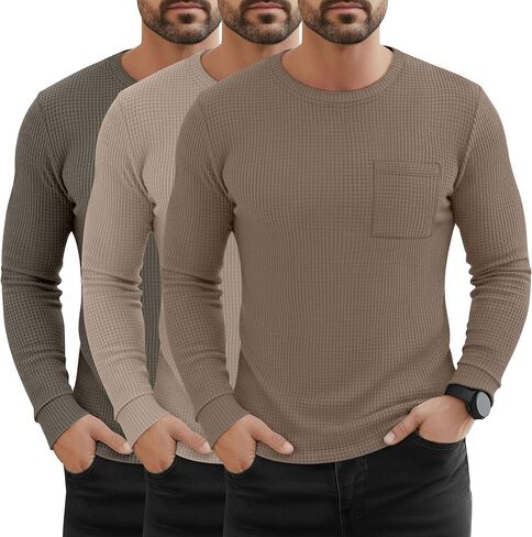 3 Pack Men's Waffle Long Sleeve Shirts Crew Neck Thermal Patch Pocket Underwear Tops Casual Pullover Layer in Saudi Arabia