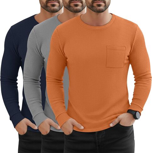 3 Pack Men's Waffle Long Sleeve Shirts Crew Neck Thermal Patch Pocket Underwear Tops Casual Pullover Layer in Saudi Arabia