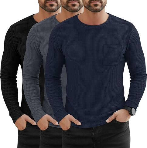3 Pack Men's Waffle Long Sleeve Shirts Crew Neck Thermal Patch Pocket Underwear Tops Casual Pullover Layer in Saudi Arabia