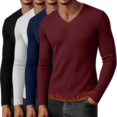 Neer 4 Pack Men's Thermal Cotton Long Sleeve Shirts Ribbed V Neck Tops Fall Winter Stretchy Slim Undershirt Base Layer in Saudi Arabia