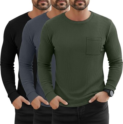3 Pack Men's Waffle Long Sleeve Shirts Crew Neck Thermal Patch Pocket Underwear Tops Casual Pullover Layer in Saudi Arabia
