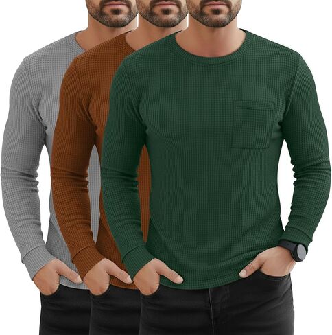 3 Pack Men's Waffle Long Sleeve Shirts Crew Neck Thermal Patch Pocket Underwear Tops Casual Pullover Layer in Saudi Arabia