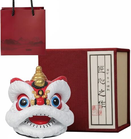 Chinese Lion Dance Head Feng Shui Sculpture - Hand-Carved Porcelain Home Office Living Room Decor & Gift (with High-End Box) in Kuwait
