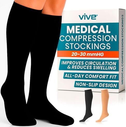Vive Medical Compression Stockings - 20-30 mmHg Knee High Socks for Varicose Veins - Support Stockings for Women/Men - Compression For Anti Embolism, Post Surgery, Swelling, Soreness (Black, Beige) in Saudi Arabia
