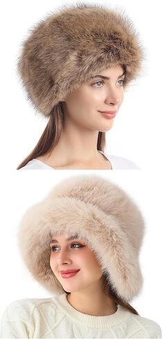 LA CARRIE Women's Faux Fur Hat and Bucket Hat Brown Winter Warm 2pc Set in Saudi Arabia