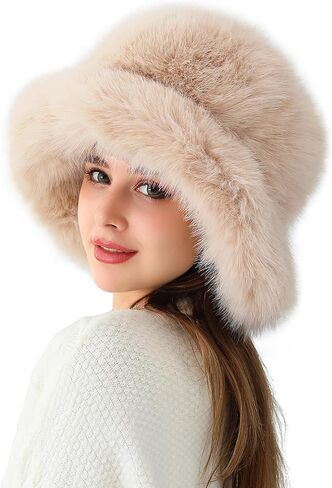 LA CARRIE Women's Faux Fur Hat and Bucket Hat Brown Winter Warm 2pc Set in Saudi Arabia