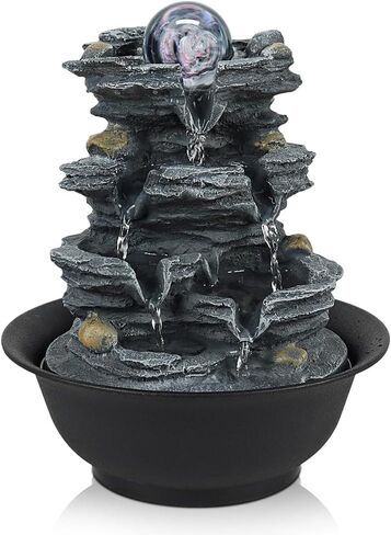 Tabletop Water Indoor Fountain Waterfall Indoor Water Fountains Feng Shui Zen Decorative Desktop Fountain with Colored Led Light and Spinning Ball for Room,Office(Style 1) in Saudi Arabia