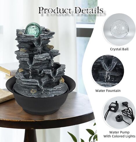 Tabletop Water Indoor Fountain Waterfall Indoor Water Fountains Feng Shui Zen Decorative Desktop Fountain with Colored Led Light and Spinning Ball for Room,Office(Style 1) in Saudi Arabia