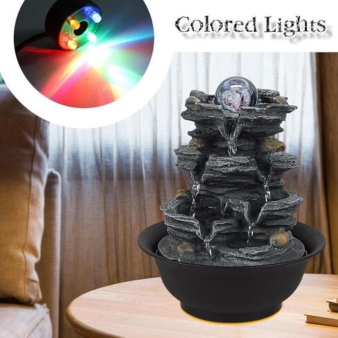 Tabletop Water Indoor Fountain Waterfall Indoor Water Fountains Feng Shui Zen Decorative Desktop Fountain with Colored Led Light and Spinning Ball for Room,Office(Style 1) in Saudi Arabia
