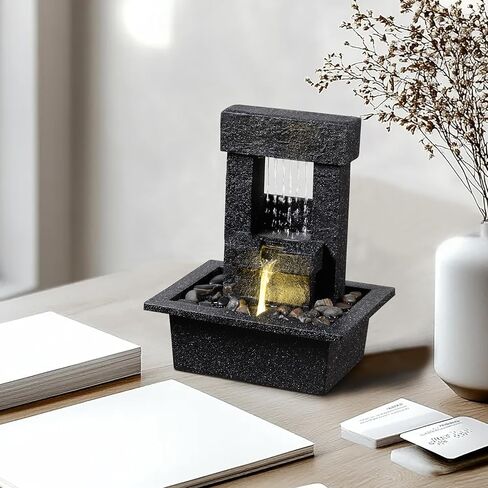 Indoor Tabletop Water Fountain with LED Light – Modern Black Desk Waterfall Feature with Soothing Sounds and River Rocks, Relaxation Zen Decor for Home Office Bedroom in Saudi Arabia