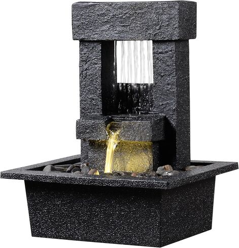 Indoor Tabletop Water Fountain with LED Light – Modern Black Desk Waterfall Feature with Soothing Sounds and River Rocks, Relaxation Zen Decor for Home Office Bedroom in Saudi Arabia